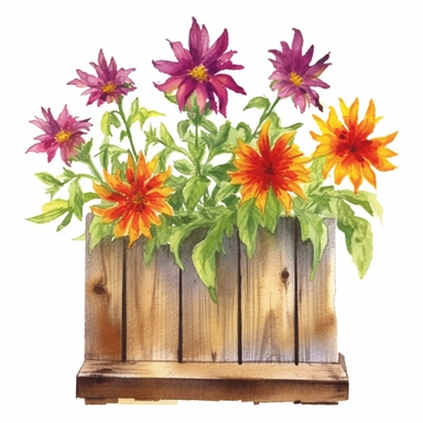 Design a dreamy watercolor clipart of frenchfarmhouse-inspired Bee balm, blanket flower, and blazing star liatrus arranged in a rustic wooden crate composition, hand-painted with soft and graceful brushstrokes. Draw inspiration from the artistic finesse of Ethereal Petals Watercolors for a refined and ethereal depiction. isolated on a white background, hand-drawn illustration, hand-painted watercolor texture, 16k UHD resolution, intricately detailed, sharp focal points, designed by Ana Victoria 