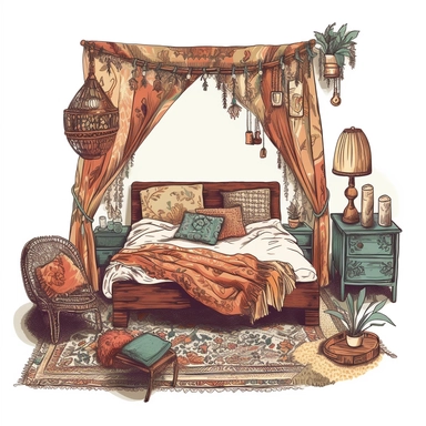 cozy liveroom boho, object, inside border, clipart