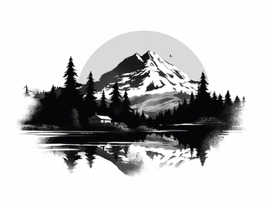 mountain silhouettes download cliparts, in the style of bob ross, alex katz, tattoo-inspired, birds-eye-view, wood, black and white contrast, charles addams