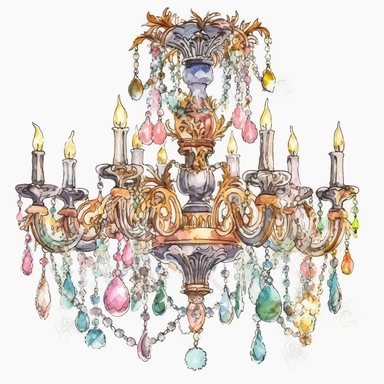Make a clipart of a watercolor victorian chandelier, rococo, with bright pastel colors, gold accents, black outlines, hd, white background