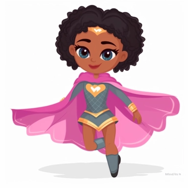 a happy black little girl superhero, in action, in pastel colors, flowing cape, with bun hairstyle, smiling, flat style clipart, white background