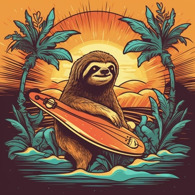 A sunglasses-clad sloth with a Cuban cigar surfing on a Hawaiian wave, eye-catching clipart, sunset colors and silhouettes of surfers in the background, highlighting the sloth's relaxed nature, Clipart, vector illustration using Affinity Designer