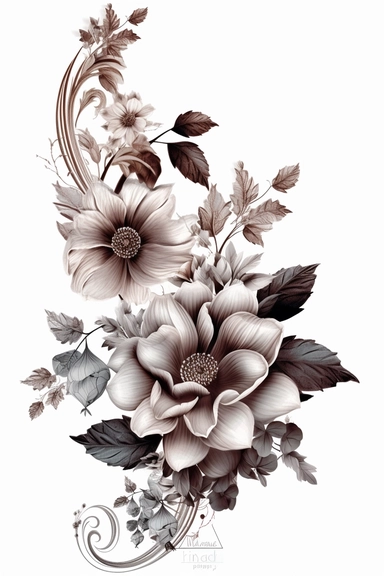 flower corner freebie floral border clipart, in the style of black and white realism, brown and gray, uhd image, tattoo, monochromatic paintings, contemporary fairy tale, eye-catching detail