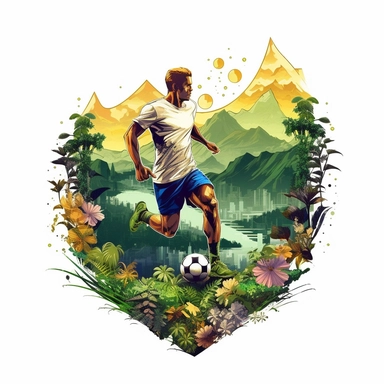 white background, football player with ball on foot, closeup, sticker, artwork of t shirt graphic of majestic forest, in digital painting style , beautiful flowers, sunset mountains and clouds , big vines, stone temple covered in vines , plants surround, highly detailed clean, vector image, photorealistic masterpiece, professional photography, realistic, flat white background, isometric, vibrant vector, clipart, illustration, realism, 4k, , cinematic, front view, paradise, extremely white backgr