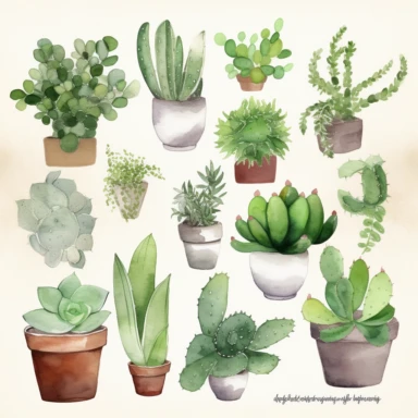 relaxed simple Watercolor Succulents Clipart Home watercolour plant Succulents digital clipart desert plant greenery png planner clipart Summer home decor, completely surrounded by white backround, zero overlap, no touching objects, all objects in the same foreground, no words