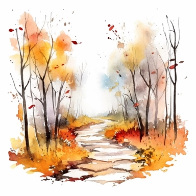 Forest Trail in the fall with fallen autumn leaves along the trail, ClipArt watercolour white background