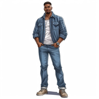ultra realistic, hand drawn clipart, a African American dad stands tall and confident, his clean-cut appearance exuding a sense of professionalism and maturity. He is dressed in a stylish denim outfit, consisting of a well-fitted jacket and matching jeans, which accentuate his toned physique. His crisp white shirt is neatly tucked into his jeans, and his sleeves are rolled up to the elbows, revealing his muscular arms. On his feet, he wears a pair of sleek Nike sneakers, adding a touch of sporty
