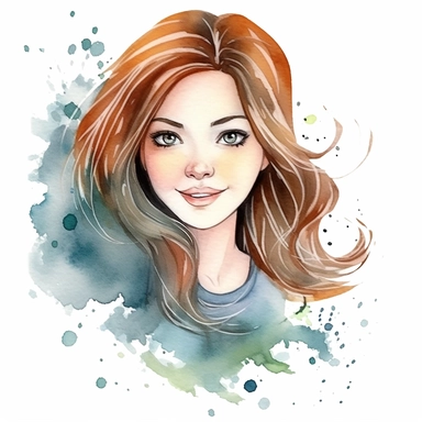watercolour clipart of a woman, with crazy brown hair, blue-gray eyes, the sweet and scatterbrained dreamer, with a great sense of humor. She immerses herself in the world of digital design, creating exquisite papers for scrapbook albums. Though she may often forget things, her delicate touch and gentle nature shine through her artistry, make her smiling, exalted mood, white background, 8k, f1