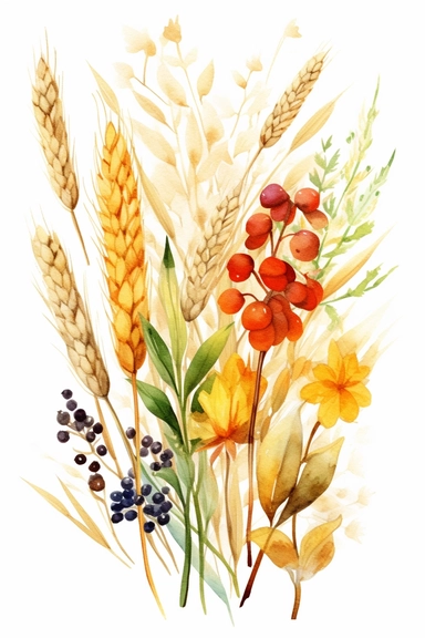 watercolor different grasses and cereal plants, solid background, clipart