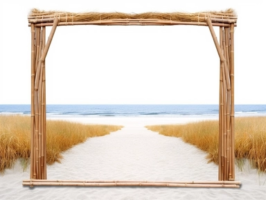 beach frame made of bamboo on top of it is a deck of hay, immediate foreground, white blank empty canvas, clipart, white background