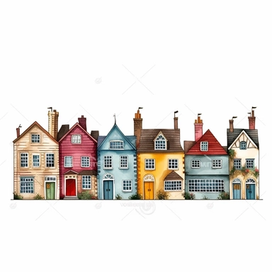 a row of quirky english countryside houses, colorful, clipart on white background