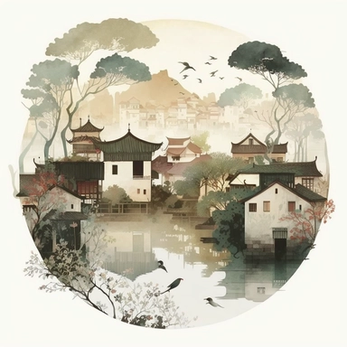 in the style of Ryo Takemasa, xuan loc xuan, Lisa Audit, Anastasia Suvorova, Jon Klassen, greg tocchini, separated isolated single of life in beautiful water town zhouzhuang, oriental, white background, anemoia, serene, cozy, vector, clipart, elaborate, cute, limpid, well composed, vibrant color tone, trending on artstation, elaborate, cinematic lighting, vibrant colors, high definition