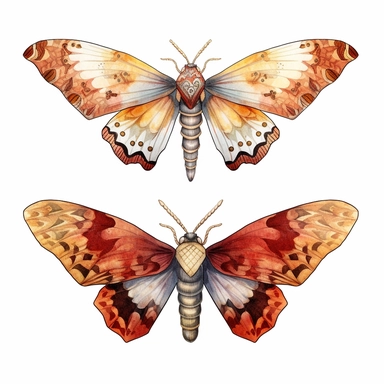 Watercolour Mystical Moth clipart, vector, 8k, ultra quality, insane details, Using warm, earthy tones like deep reds, burnt oranges, and golden yellows to create a cozy and rustic feel, 3 colors only, white background