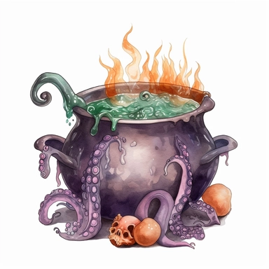 hand drawn black cauldron with bubbling potion, large bone in the cauldron, an octopus tentacle coming out of cauldron and hanging on the side, Halloween, purple orange and green shades, fantasy, glamorous, clipart style, detailed and realistic, watercolor, white background with margins