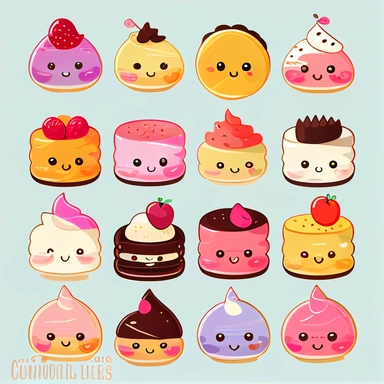 beautiful tiny happy face kawaii desserts, clipart collection, no background, many tiny