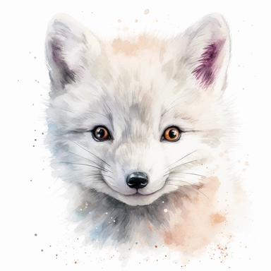 please create watercolor clipart of a baby arctic fox facing to the right and smiling, face close view, colorful