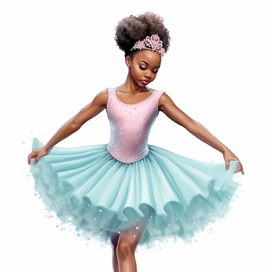 make a clipart of a beautiful photorealistic african american ballerina, her hair should be up and she should have a jeweled tiara, she should be wearing a pale blue jeweled tutu, show her from the waist up, use pastel colors, white background