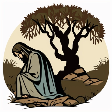 Clipart of Jesus praying in gethsemane. Simple. 2D. Comforting cartoon. Cell Shaded. LDS Primary Style.