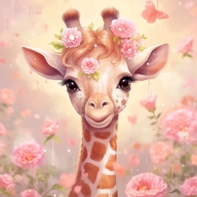 kawaii, cute shy baby giraffe in rose garden clipart, magical background--ar 2000:1763