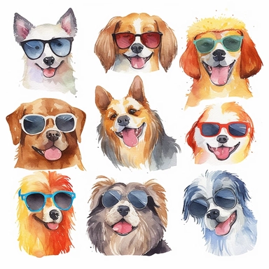 watercolor, dogs being funny, sun glasses, smile, different types of dogs, clip art, attention to detail, white background, 8k