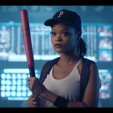 rihanna standing with a baseball bat in her hand, in front of computer screens, in a video clip of b better have my data