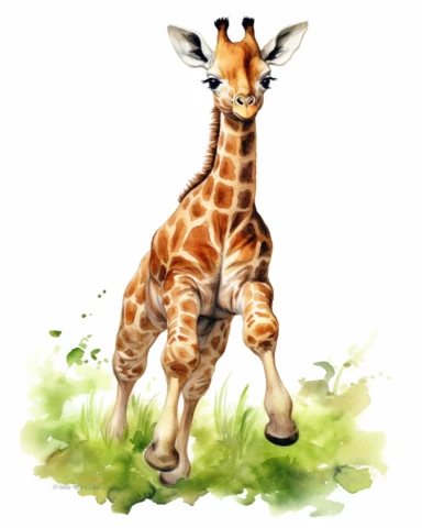 detailed watercolor Baby giraffe jumping on grass , realistic, isolated on a white background, clipart