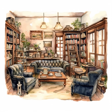A vintage-inspired bookstore with shelves full of classic novels, leather armchairs, and a cozy reading corner, clipart, watercolor, white background, american style