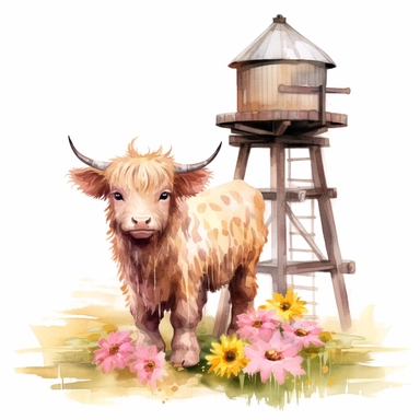 Make a clipart of a baby highland calf standing next to a rustic water pump with pink, yellow and white daisies, use watercolor style, pastel colors