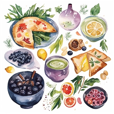 Watercolor illustration of greek cuisine clipart, created by WorldFoodArtX, showcasing vibrant colors, delicate brushwork, and cultural authenticity, perfect for menu design, food blogging, recipe books, or educational projects