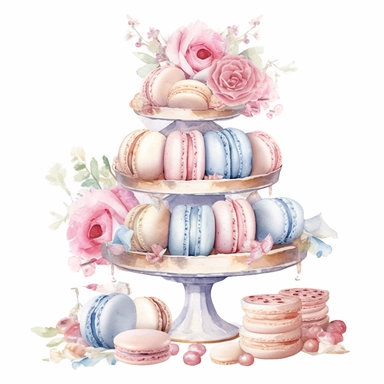 Clipart, Watercolor, Blush Floral Shabby Chic Tier Candy Tray with Sweets, Macarrons, Cakes and Cupcakes, light colors, hand-draw, texture