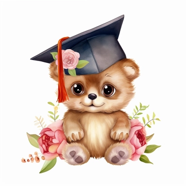 cute baby animals wearing graduation cap, flowers, in the style of Pixar, clipart, hd, on white background, - - ar 3:2, s 1000