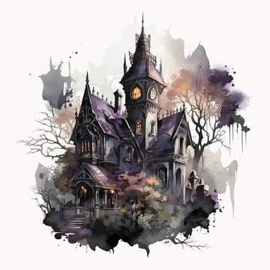 isolated clipart image of a spooky gothic house with intricate architectural details, twisted spires, and looming shadows, each house unique in its design, showcasing different elements like pointed windows, wrought-iron gates, and weathered stone walls, surrounded by a foggy atmosphere that adds a sense of mystery and intrigue, watercolor painting, delicate brushstrokes capturing the eerie charm,