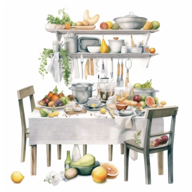 watercolor, hyper realistic, white background, white margins, 16k, ultra detailed clipart, cut out image, hand-drawn a kitchen table with various items on it, in the style of angela barrett,