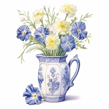 Design a dreamy watercolor clipart of frenchfarmhouse-inspired Cornflowers, daisies, and lisianthus arranged in a vintage ceramic pitcher composition, hand-painted with soft and graceful brushstrokes. Draw inspiration from the artistic finesse of Ethereal Petals Watercolors for a refined and ethereal depiction. isolated on a white background, hand-drawn illustration, hand-painted watercolor texture, 16k UHD resolution, intricately detailed, sharp focal points, designed by Ana Victoria Calderon a