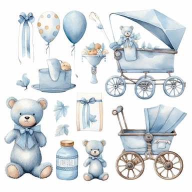 Watercolor Baby Boy Clipart It's a boy vintage nursery and newborn baby graphic elements in light blue