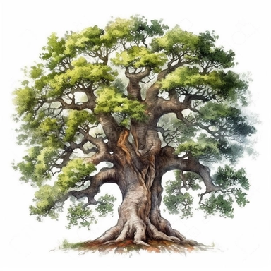 watercolor old fairly oaktree clipart, style of Pieter Wagemans, Isolated on white background