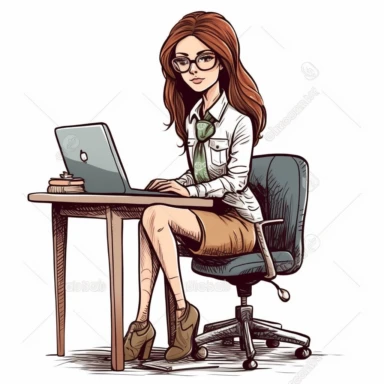 girl boss clipart sitting at desk with laptop computer, illustration, hd, white background