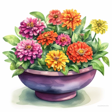 Design a watercolor clipart vignette of zinnia flowers in a colorful ceramic bowl, using the Michelangelo-inspired Watercolor Haven style on a white background. Focus on the rich color palette, intricate details, and the beauty of the zinnia flowers, making it a versatile element for home or garden-themed projects.