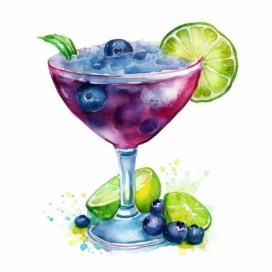 A colorful blueberry margarita in a salt-rimmed glass, with a wedge of lime and blueberries on top , Watercolor, pastels, clipart, beautiful, colourfull, png transparent white background, high resolution, no caption q4 s2