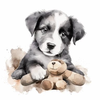 Watercolor puppy playing, with cuddly toy bone Clipart - cute puppy , Colour of black and silver, white background, vector art, high definition, clip art, ar 2:2