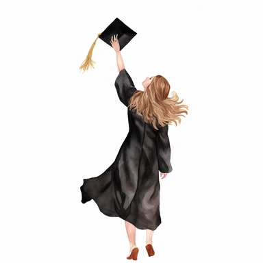 create a hand drawn watercolor clipart of girl in gown throwing graduation cap, white background, 4k