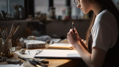 Woman designer and jewelry artist on background of Workshop. Holds clipboard and pen. Sketch development. . copy space photojournalism, soft focus