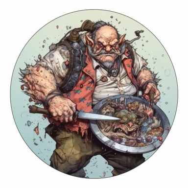 snarling attacking punk leader badass ogre chef cook boss, Josh Kirby Mad Max Lord of the Rings, handpainted enamel punk zine indie retrowave, clipart illustration full body character art, circular frame background