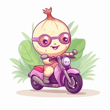 Create a clipart of a cute vegetable onion riding a motorcycle. Pastel colors. Kawaii style. White Background, soft lighting.