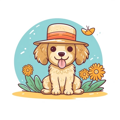 Create an adorable clipart featuring a dog enjoying the summer season while wearing a charming straw hat. Design a lovable dog character radiating the carefree and playful vibes of summertime. Use vibrant colors and playful details to bring the clipart to life. With a white background, the clipart will seamlessly fit into various designs. Ideal for digital projects, merchandise, and print materials, this clipart captures the spirit of summer fun with its dog wearing a cute straw hat.
