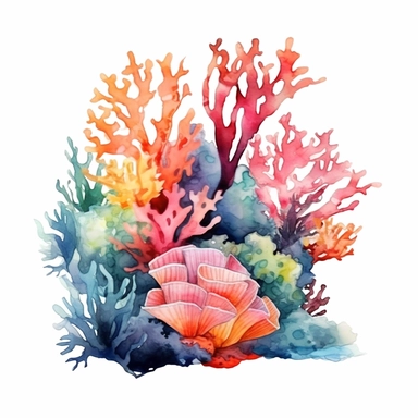 coral reef, underwater plants, colorful, watercolor clipart, white background, HD