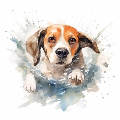 a charming watercolor clipart image of a Beagle with a white background, swimming