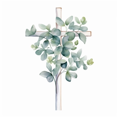watercolor cross clip art with eucalyptus around it on white background