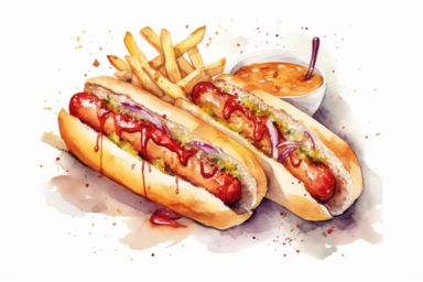 watercolor chilli hotdog meal , mustard, onion sand french fries with ketchup clipart, hd, isolated on white background, spaced out