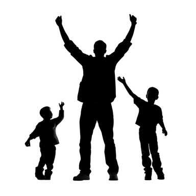 fathers day,full black Silhouette, father bounce with hands in air his children, white background,simple,clipart